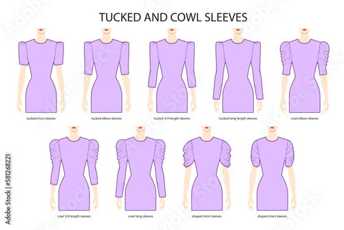 Set of Tucked and Cowl sleeves clothes - long, short, 3-4, elbow length, draped technical fashion illustration with fitted body. Flat apparel template front side. Women, men unisex CAD mockup