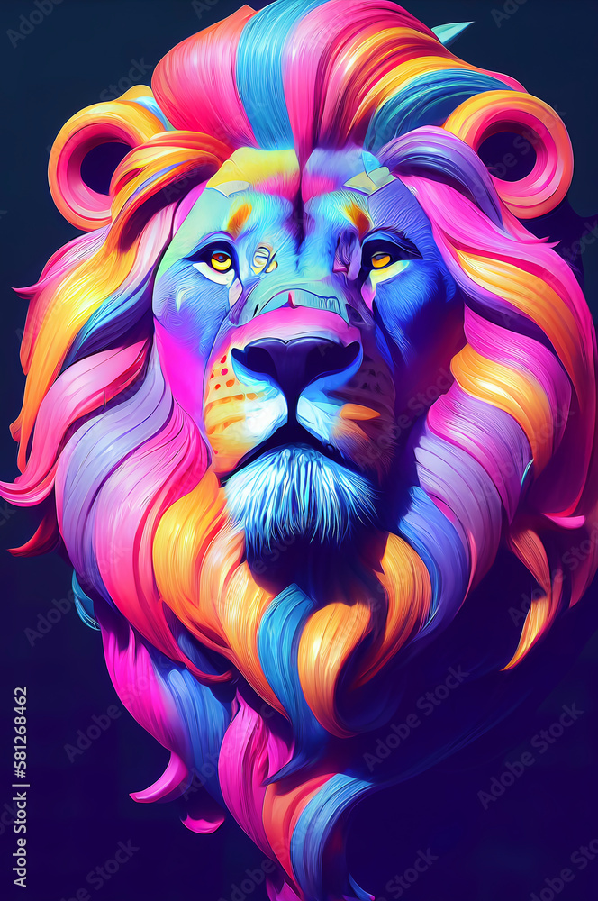 a colorful lion with a multicolored background. AI-Generated