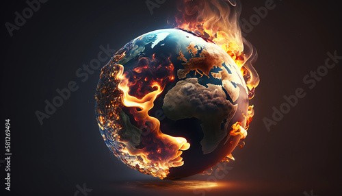 The hole world is on fire, black backround, climate crisis