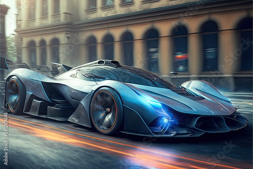 silver blue futuristic hypercar rushes through the city at speed, created with generative ai photo