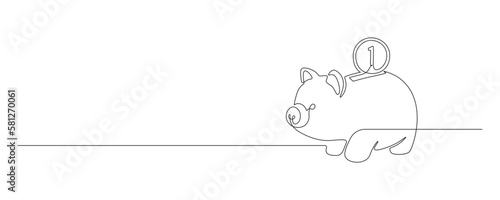 One continuous line drawing of piggy bank. Safe money symbol and business finance concept in simple linear style. Editable stroke. Doodle outline vector illustration