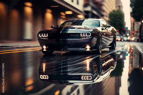 Photorealistic ai artwork concept of a reflective, stylish and modern muscle car driving fast on reflective, modern roads and streets. Generative ai.