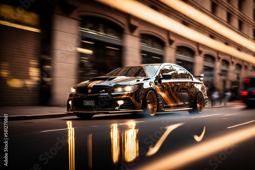 Photorealistic ai artwork concept of a reflective, stylish and modern muscle car driving fast on reflective, modern roads and streets. Generative ai. © JG Marshall