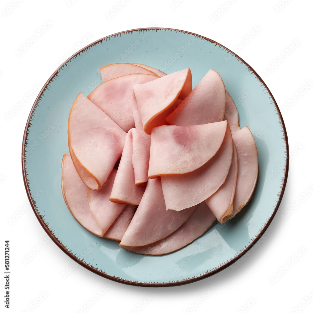 Plate with delicious ham slices isolated on white background
