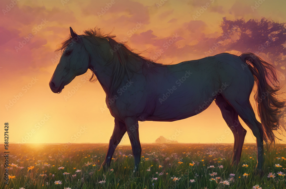 Horse on green lawn with daisies at sunset. Beautiful horse on green grass with wild flowers, chamomile. Generative AI.