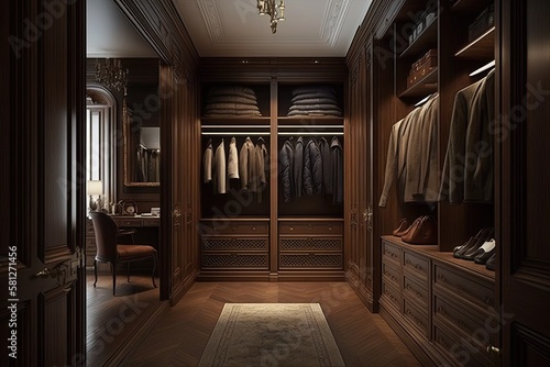 A Luxurious Look Inside a Stunning Walk-In Closet Design - Interior Home Furniture, Architecture, and Flooring. Generative AI