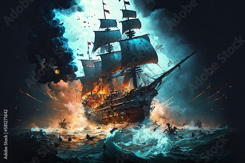 The End of a Bold Adventure: Piratical Ship Sinks in a Sea Battle: Generative AI photo