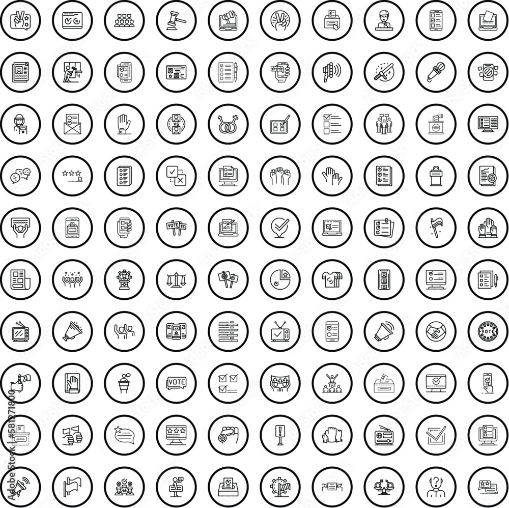 100 election icons set. Outline illustration of 100 election icons vector set isolated on white background