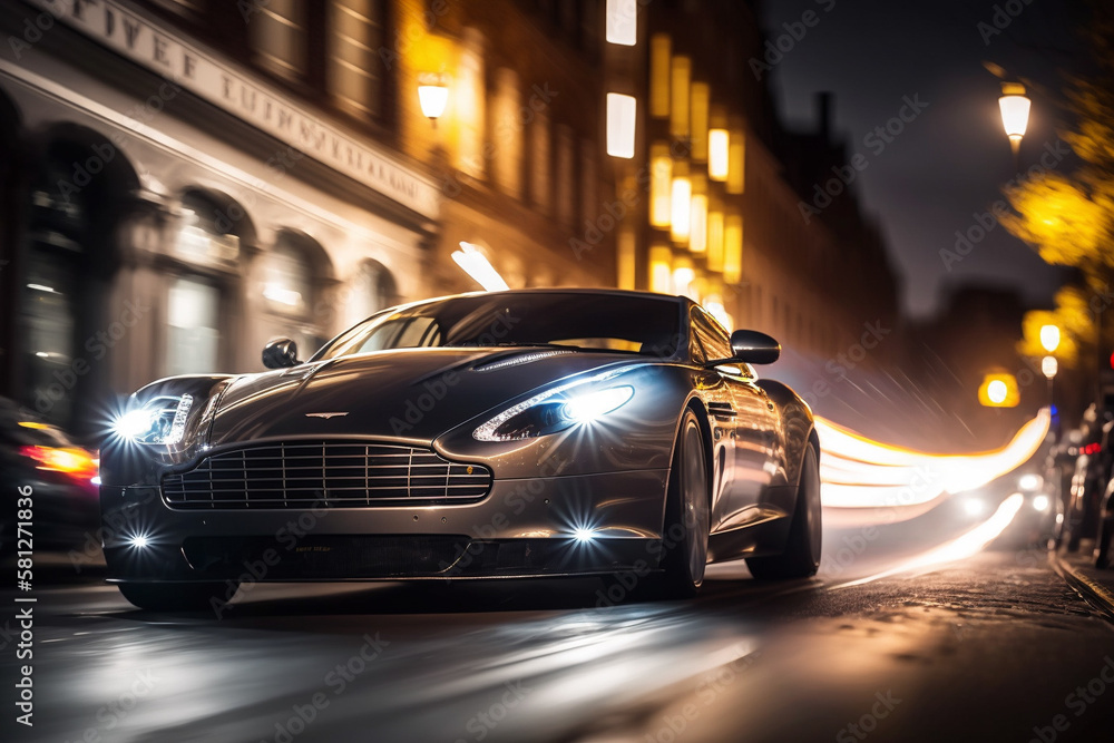 Photorealistic ai artwork concept of a stylish modern luxury car driving fast on reflective, modern roads and streets. Generative ai.
