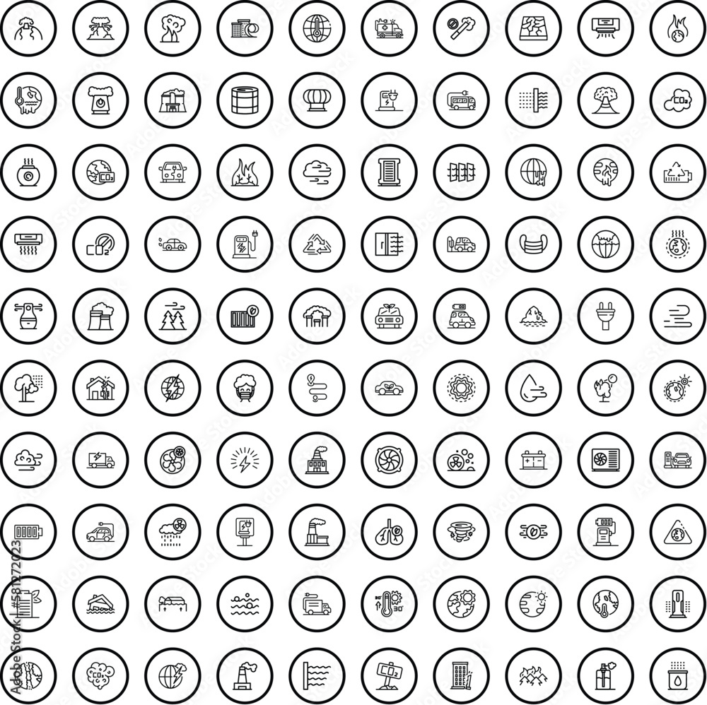 100 emission icons set. Outline illustration of 100 emission icons vector set isolated on white background 100 emission icons set. Outline illustration of 100 emission icons vector set isolated on white background