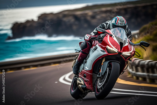 Photorealistic ai artwork concept of a red superbike or sportbike motorcycle riding on a coastal or ocean road. Generative ai.