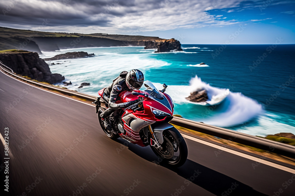 Photorealistic ai artwork concept of a red superbike or sportbike motorcycle riding on a coastal or ocean road. Generative ai.