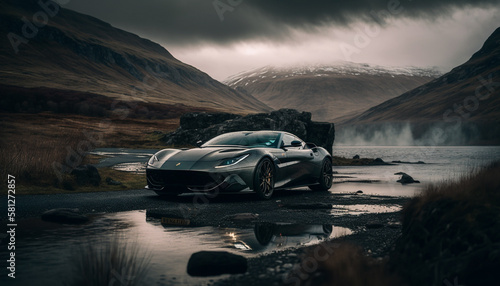 Photorealistic ai artwork concept of a modern supercar or sportscar driving in the atmospheric lakes and mountains. Generative ai.