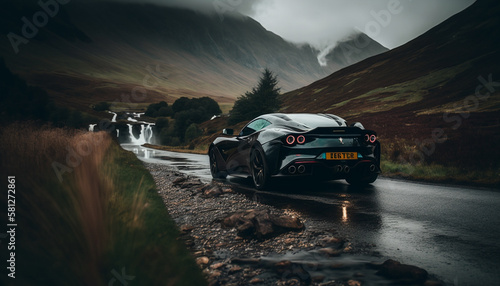 Photorealistic ai artwork concept of a modern supercar or sportscar driving in the atmospheric lakes and mountains. Generative ai.