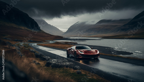 Photorealistic ai artwork concept of a red modern supercar or sportscar driving in the atmospheric lakes and mountains. Generative ai.