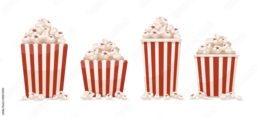 Paper cups set full of popcorn isolated on white background. Fast food ...