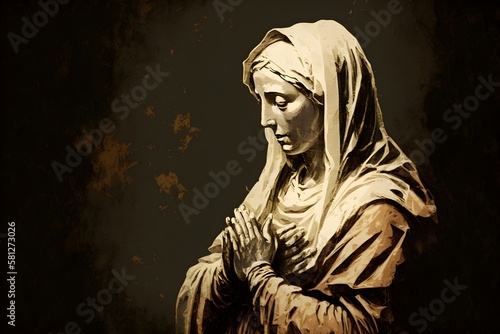 Background of Mary Mother of Jesus Christ. Wallpaper illustration. Side view with copy space for text information or content. Concept of religion, religious. Generative AI.