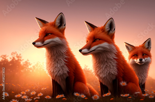 Cute fox on green lawn with daisies at sunset. Beautiful cunning animal on green grass with wild flowers, chamomiles. Generative AI.
