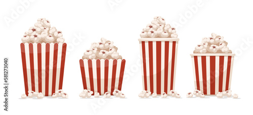 Paper cups set full of popcorn isolated on white background. Fast food snack for movie films watching in the cinema theater. Collection. Vector illustration