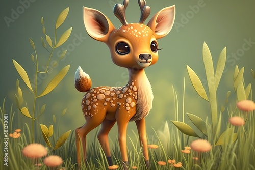 Adorable Baby Deer: A Cute Cartoon Animation Rendering of a Child-Friendly Fantasy Nature Landscape: Generative AI © AIGen