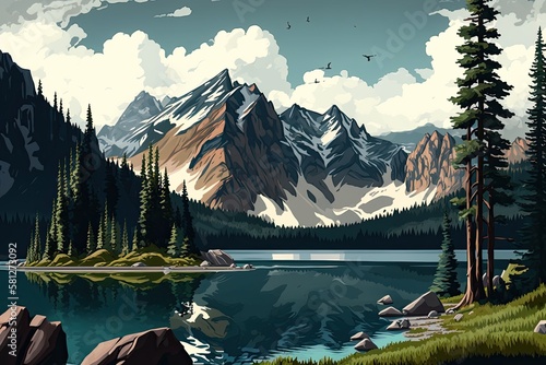 A Picturesque Summer Day: Mountain Landscape with Serene Lake, Jagged Peaks and Fluffy Clouds. Generative AI