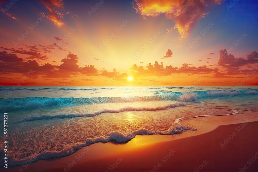 Tropical Summer Adventure at the Beach: Relax in the Beautiful Blue Ocean, Peaceful Sandy Coast and Golden Orange Sunrise Sky: Generative AI
