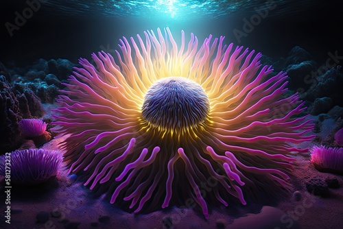 Underwater Miracle - Glowing Sea Anemone on the Ocean Floor: Generative AI