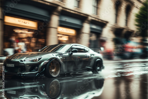 Photorealistic ai artwork of a sportscar driving fast on wet city streets. Generative ai.