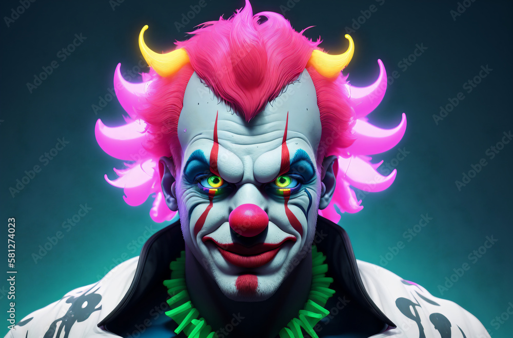 Male clown with creepy expression on face. Portrait of terrible jester in bright style. Generative AI. Male clown with creepy expression on face. Portrait of terrible jester in bright style. Generative AI.