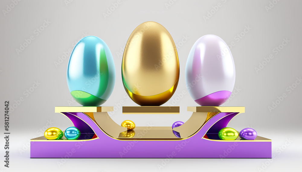 Shiny Easter Podium with 3D Eggs Ornament for Product Presentation. Easter product 3D background. 3D realistic illustration. Based on Generative AI Shiny Easter Podium with 3D Eggs Ornament for Product Presentation. Easter product 3D background. 3D realistic illustration. Based on Generative AI