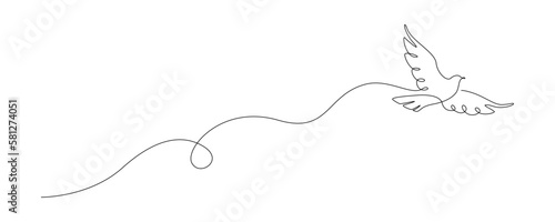 White dove in one continuous line drawing. Bird symbol of peace and freedom in simple linear style. Concept for national labor movement icon. Editable stroke. Doodle outline vector illustration