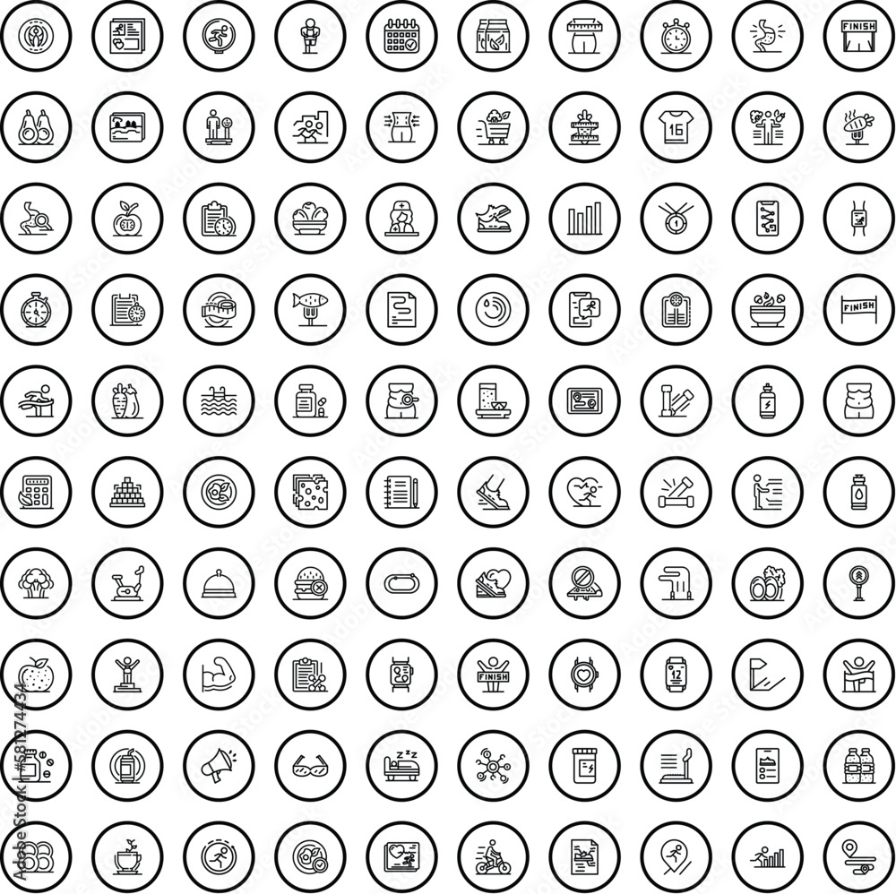 100 fitness icons set. Outline illustration of 100 fitness icons vector set isolated on white background 100 fitness icons set. Outline illustration of 100 fitness icons vector set isolated on white background