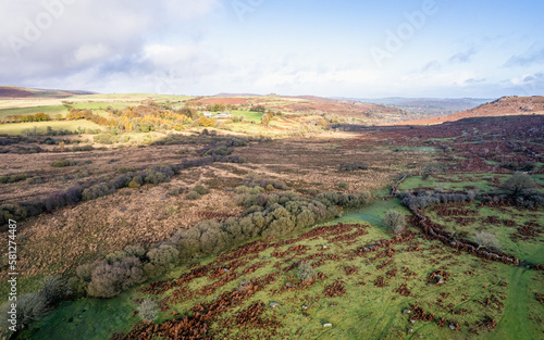 View over Emsworthy Mire from a drone, Haytor Rocks, Dartmoor National Park, Devon, England, UK 