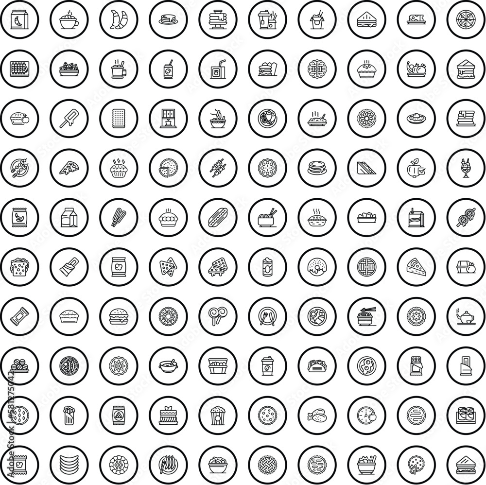100 food icons set. Outline illustration of 100 food icons vector set isolated on white background 100 food icons set. Outline illustration of 100 food icons vector set isolated on white background