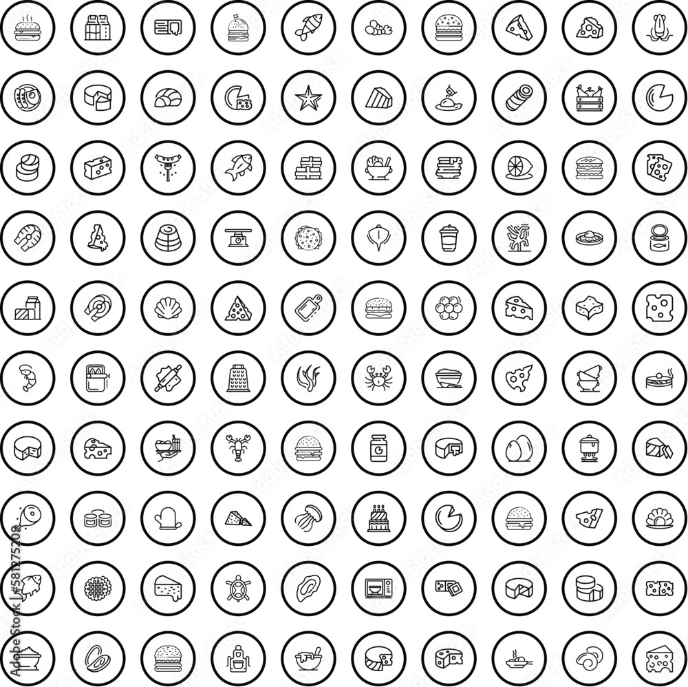 100 food icons set. Outline illustration of 100 food icons vector set isolated on white background 100 food icons set. Outline illustration of 100 food icons vector set isolated on white background