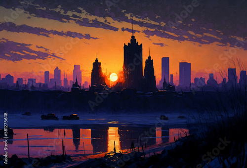 Silhouette of night city at sunset. Generative AI.