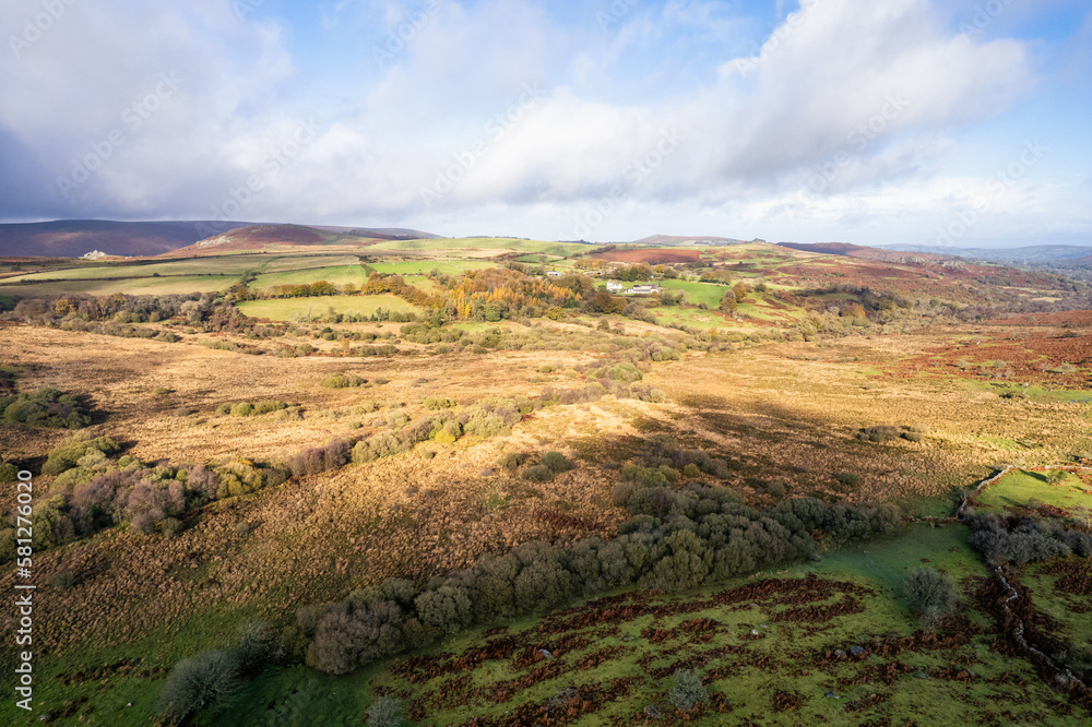 View over Emsworthy Mire from a drone, Haytor Rocks, Dartmoor National Park, Devon, England, UK	