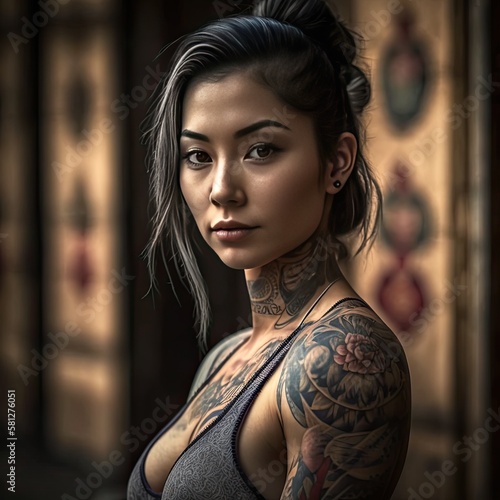 Generative AI - Badass Beauties 085: Digital painting of a beautiful strong woman with tattoos