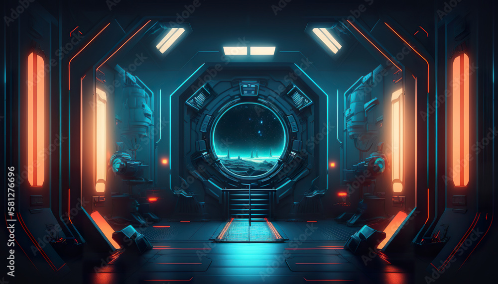 Illustration of sci fi futuristic studio stage dark room in space station with glowing neon lights background. Background cosmos space. 3D realistic illustration. Based on Generative AI