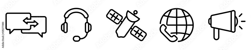 Conjunto de iconos de comunicación. Mensajería, satélite, megáfono, centro de llamadas. Ilustración vectorial Conjunto de iconos de comunicación. Mensajería, satélite, megáfono, centro de llamadas. Ilustración vectorial