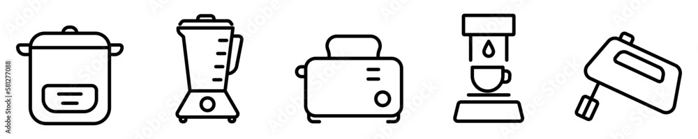 Conjunto de iconos de electrodomésticos de cocina. Olla arrocera, licuadora, tostadora, cafetera, batidora. Ilustración vectorial Conjunto de iconos de electrodomésticos de cocina. Olla arrocera, licuadora, tostadora, cafetera, batidora. Ilustración vectorial