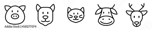 Conjunto de iconos de cara de animales. cerdo, perro, gato, vaca, ciervo. Ilustración vectorial 
