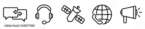 Conjunto de iconos de comunicación. Mensajería, satélite, megáfono, centro de llamadas. Ilustración vectorial