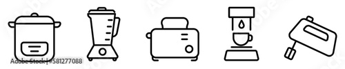 Conjunto de iconos de electrodomésticos de cocina. Olla arrocera, licuadora, tostadora, cafetera, batidora. Ilustración vectorial
