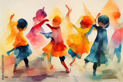 Children dancing - Loose, expressive Watercolor Illustration. Generative AI. photo