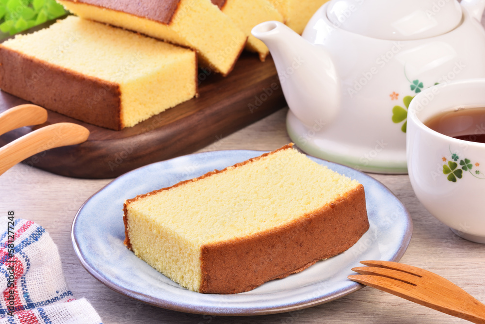 Castella (kasutera) - Delicious sliced honey sponge cake on a plate   