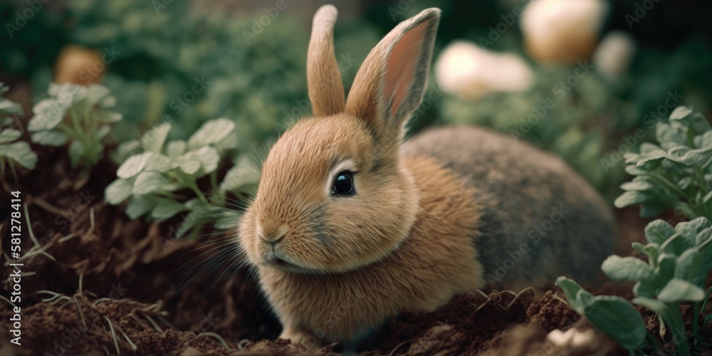 Adorable Easter bunny. Cute brown baby rabbit. Furry farm animal in a garden.