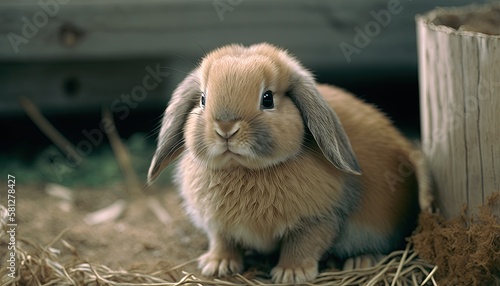 Adorable Easter bunny. Cute brown baby rabbit. Furry farm animal. Holland Lop.