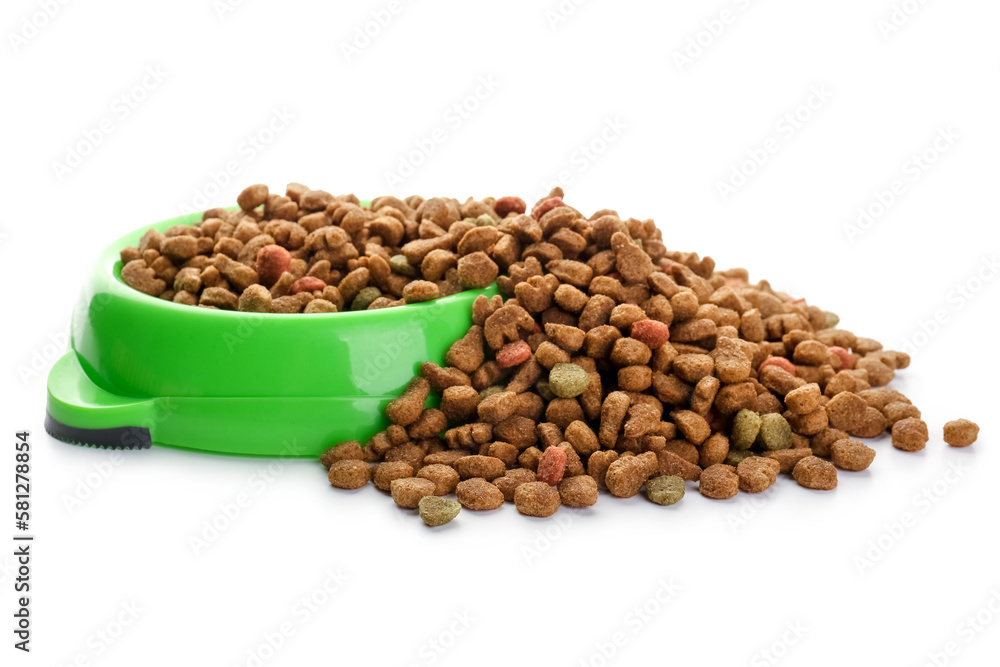 Bowl full of dry pet food on white background