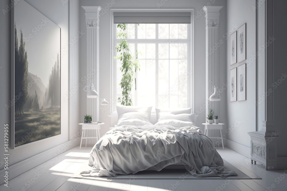 White tone modern and simple bed room interior with natural sunlight ...